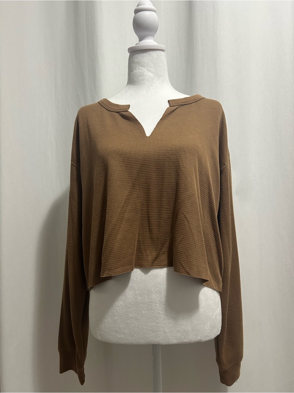 Forever 21 Brown Waffle-Knit Cropped V-Notch Top